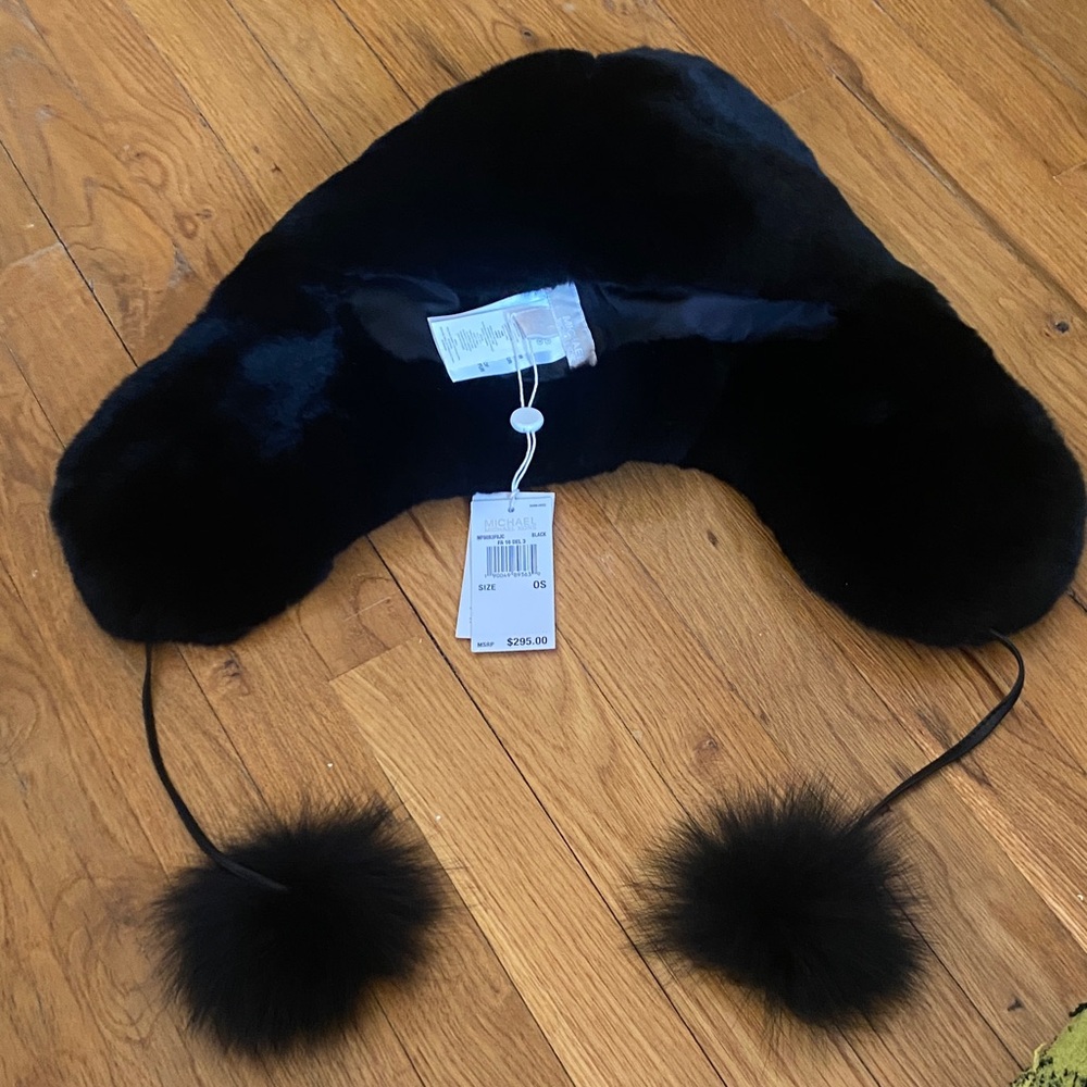 Michael Kors Black Fur Collar Hat with Pom Poms
